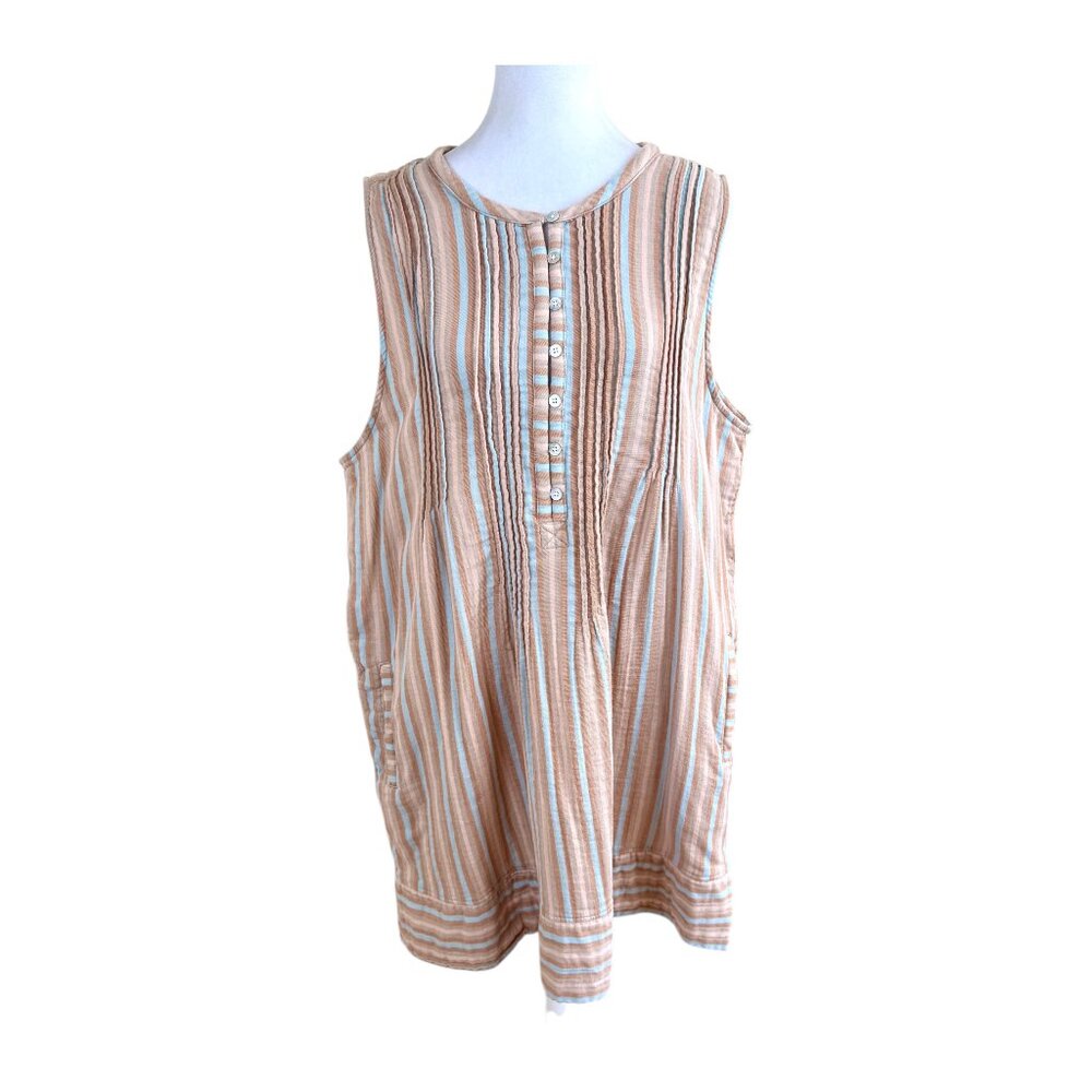 Faherty Dress Organic Cotton Stiped Sleeveless Tan Blue Multi Plus (XXL) - Picture 2 of 11